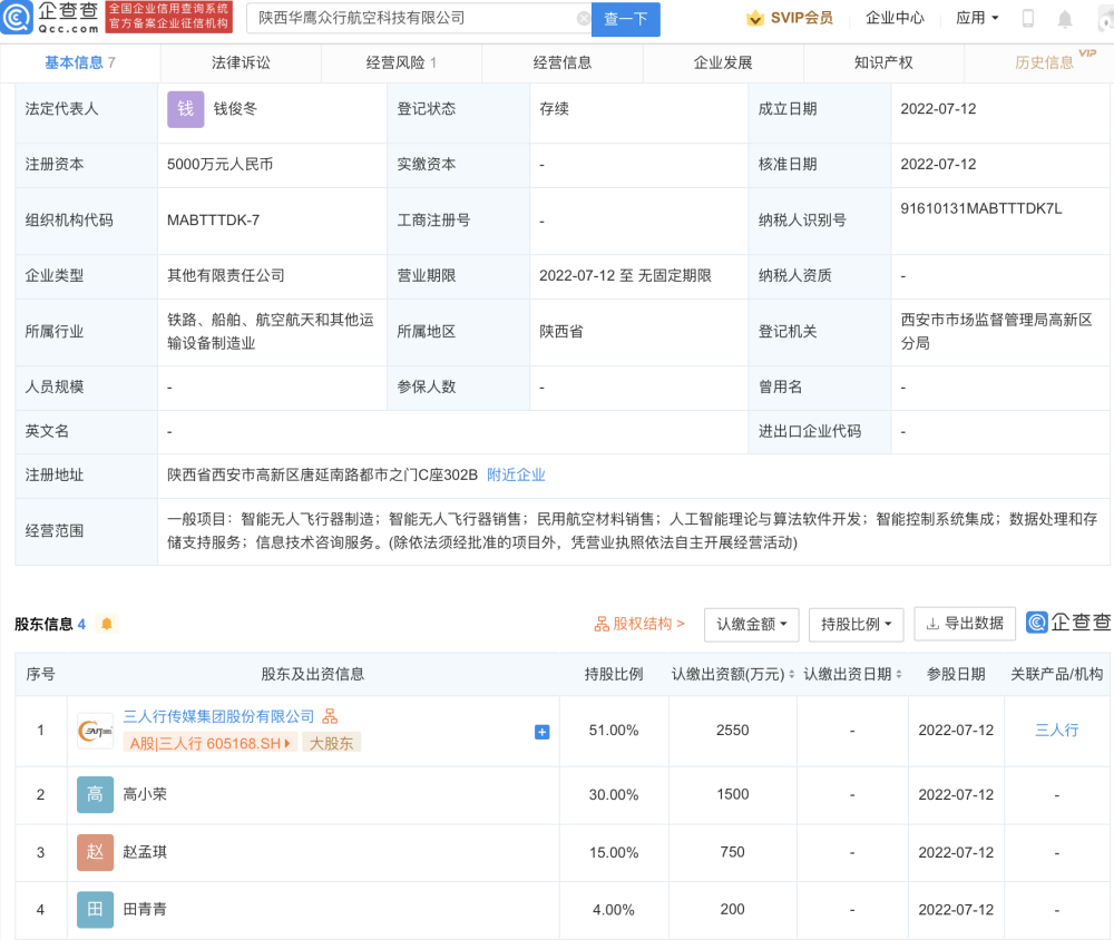 三人行投资成立航空科技公司,注册资本5000万